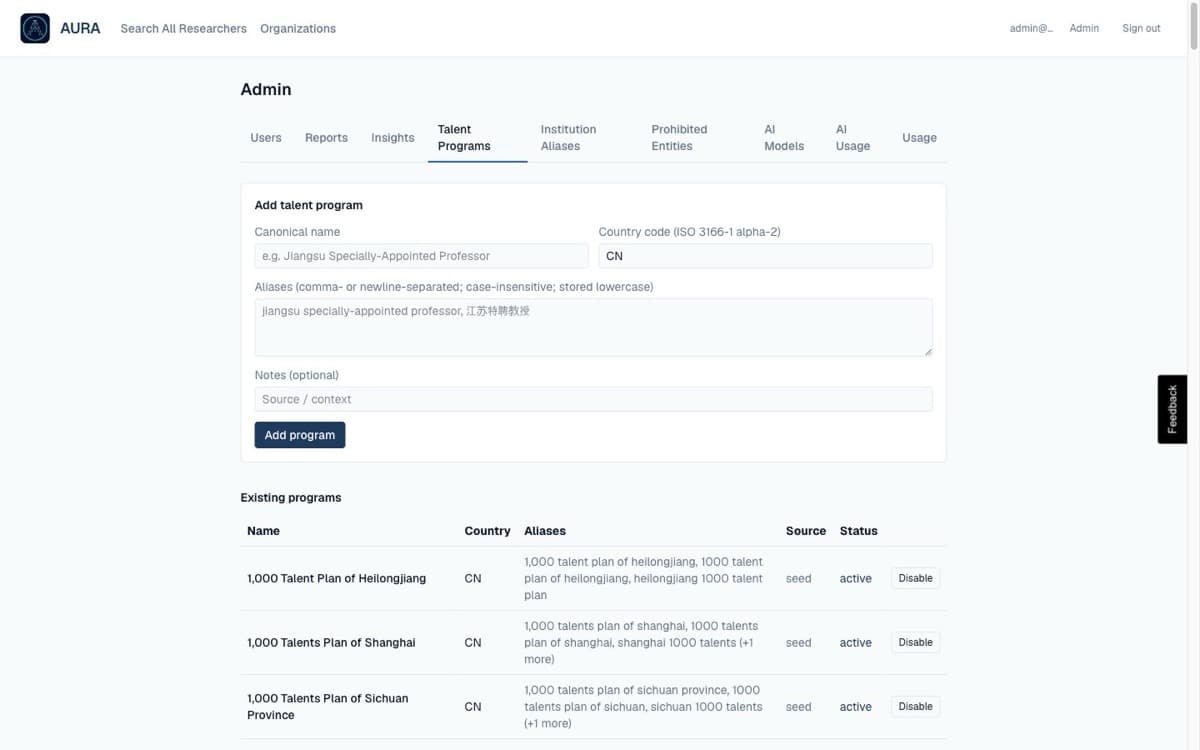 AURA admin console — curated talent-program catalog with canonical names, country codes, and multilingual aliases used for automated screening