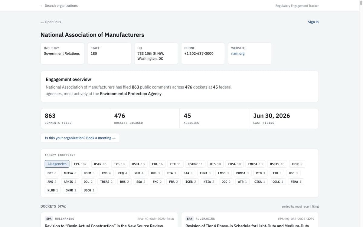 OpenPolis public organization profile — engagement overview with comments filed, dockets engaged, and agency footprint