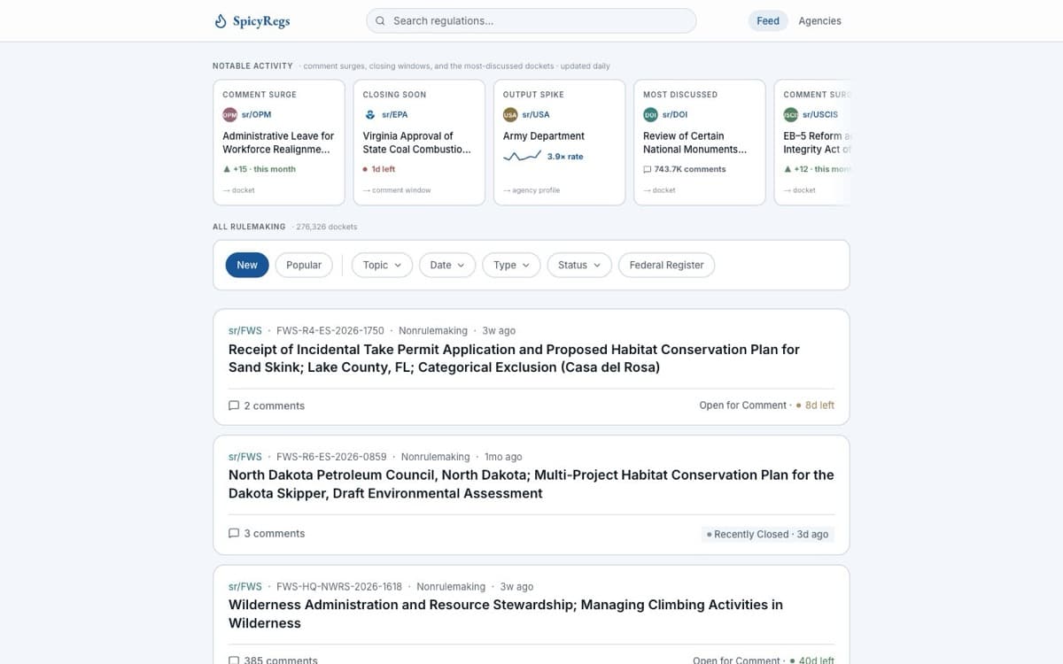 Spicy Regs feed — notable regulatory activity signals and 276,000+ searchable dockets